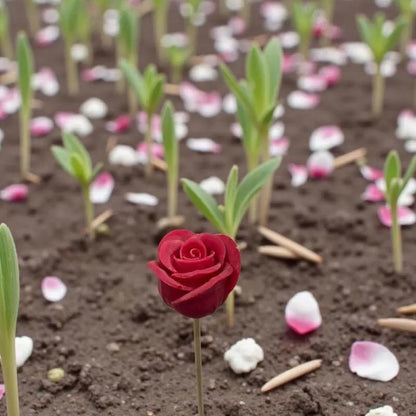 Rose rouge en cire artisanale, fleur décorative vibrante dans un champ fleuri – Lulu Baladine