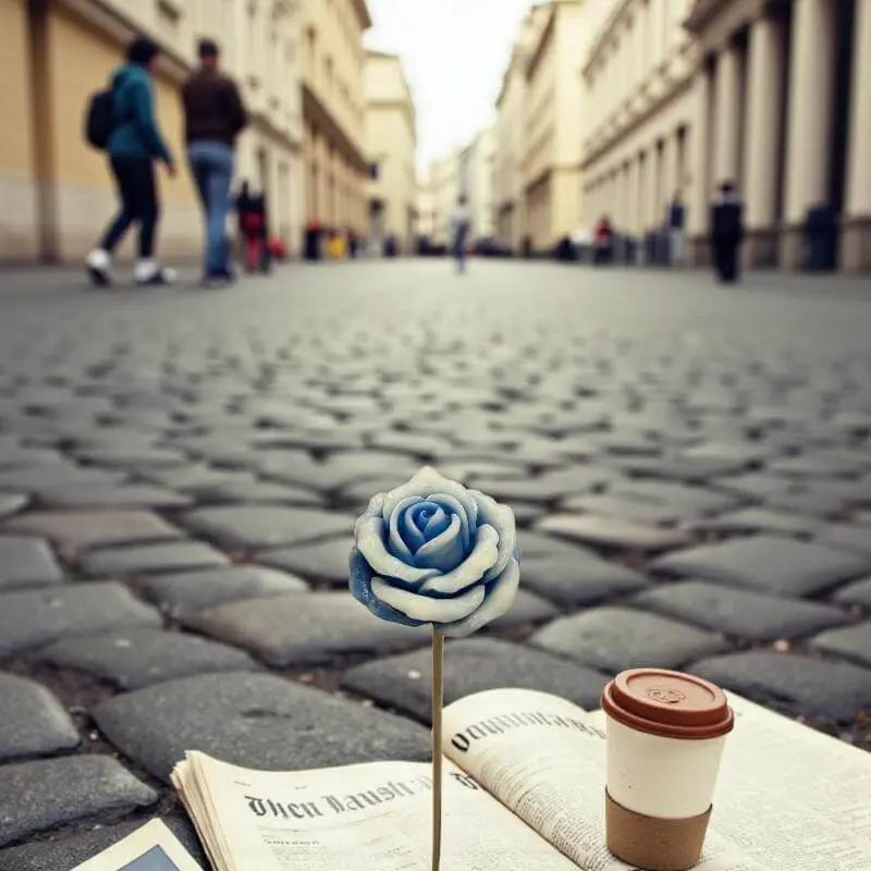 Rose moyenne bordée bleue en cire artisanale, fleur décorative poétique posée sur un journal de rue – Lulu Baladine