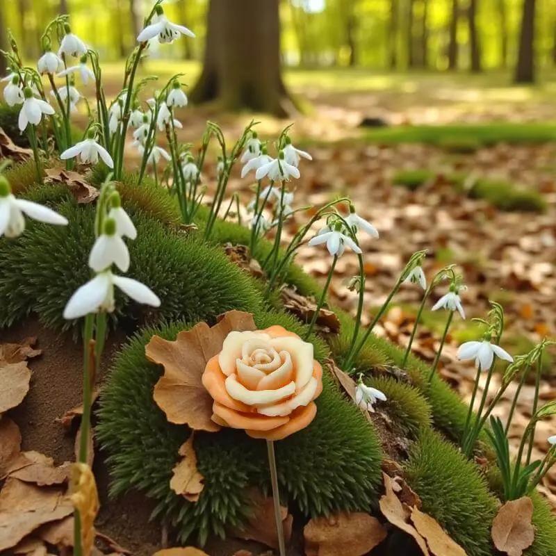 Rose moyenne bordée orange en cire artisanale, fleur décorative lumineuse parmi les perce-neige du sous-bois – Lulu Baladine
