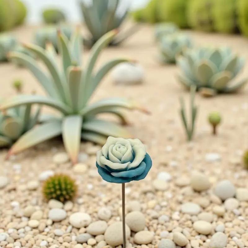 Rose moyenne bordée turquoise en cire artisanale, fleur décorative délicate au cœur d’un jardin de succulentes – Lulu Baladine