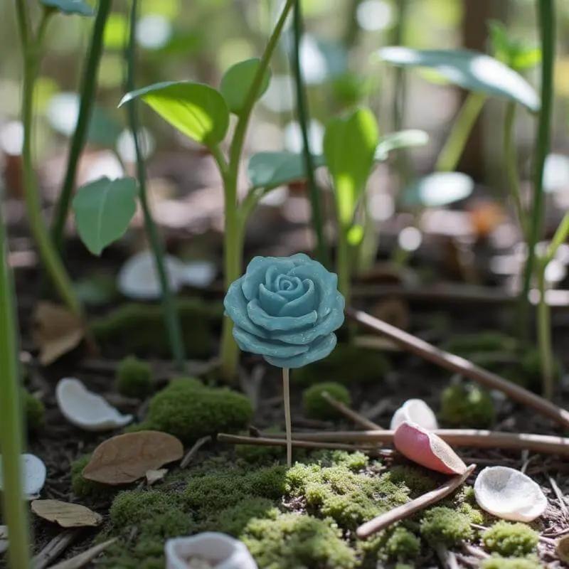 Rose moyenne turquoise en cire, fleur décorative raffinée au cœur d’une foret naissante – Lulu Baladine