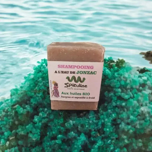 shampoing solide spiruline de haute Saintonge saponifié à froid à l’eau de Jonzac posé sur roches vertes au bord de mer
