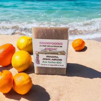 shampoing solide rhassoul agrumes saponifié à froid à l’eau de Jonzac