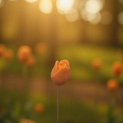 Tulipe orange en cire artisanale, fleur décorative lumineuse dans un jardin au soleil couchant – Lulu Baladine