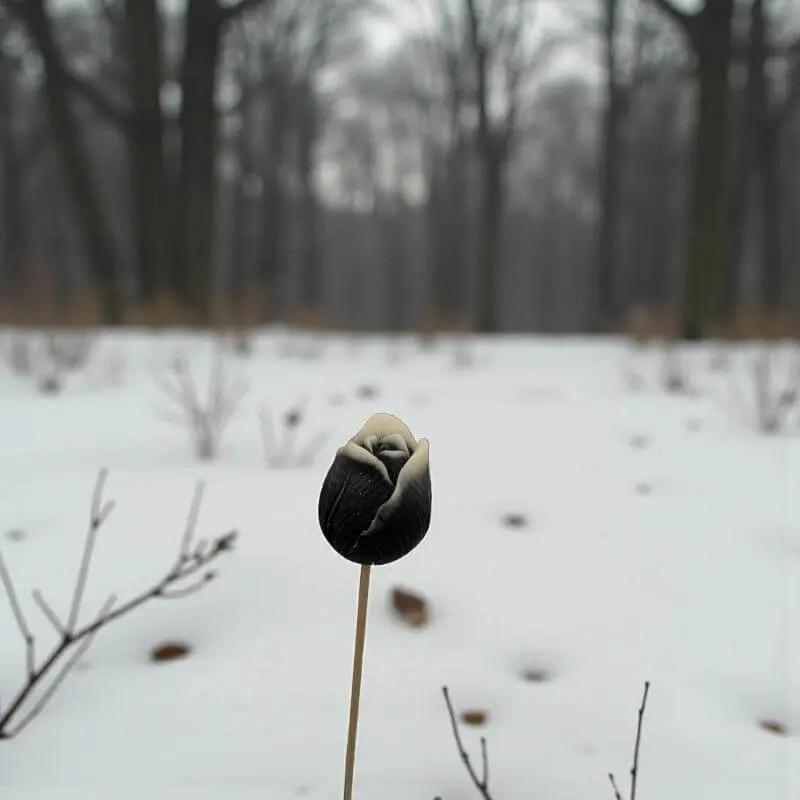 Tulipe bordée de noir en cire artisanale, fleur décorative posée dans un paysage enneigé – Lulu Baladine