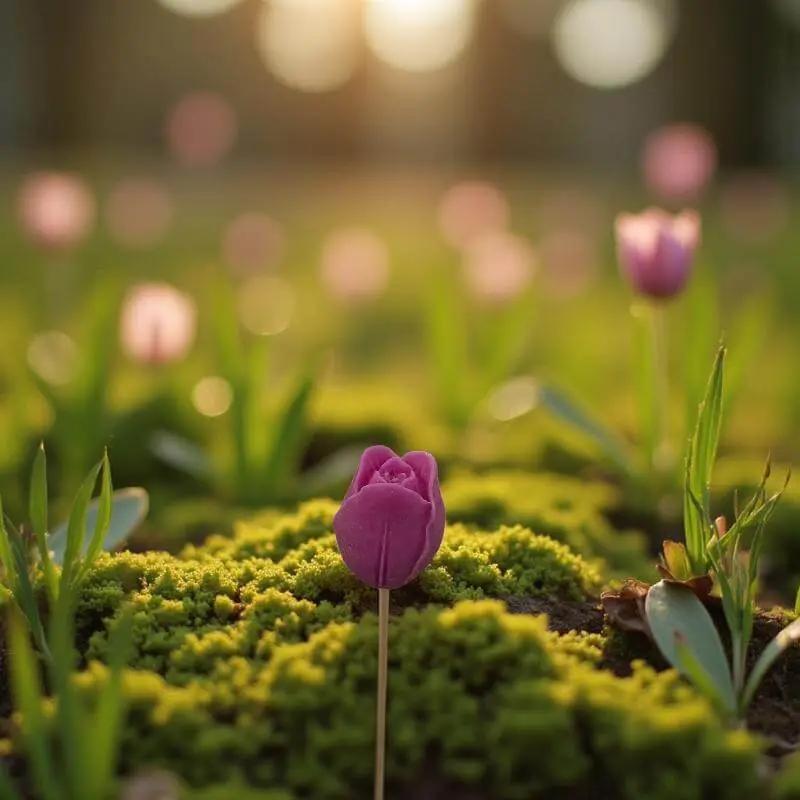 Tulipe fuchsia en cire artisanale, fleur décorative naturelle posée sur mousse verte au coucher du soleil – Lulu Baladine