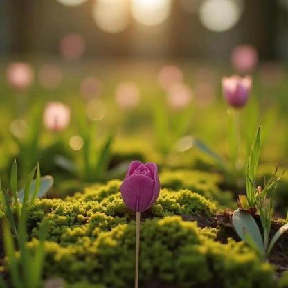 Tulipe fuchsia en cire artisanale, fleur décorative naturelle posée sur mousse verte au coucher du soleil – Lulu Baladine