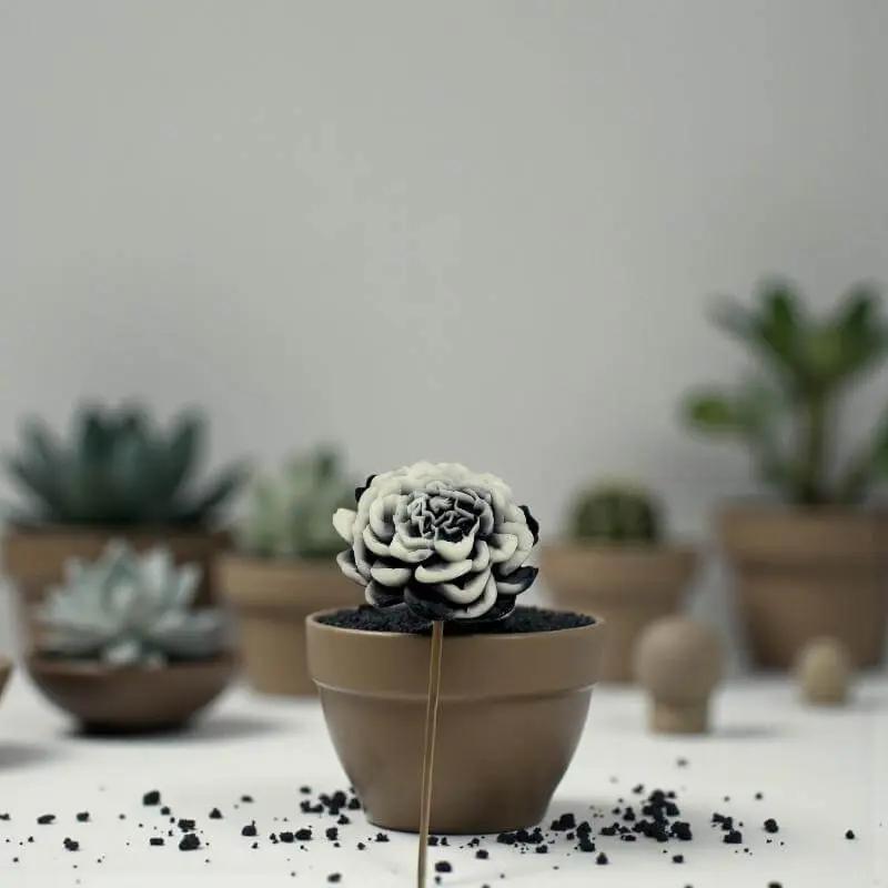 Pivoine bordée de noir en cire artisanale, fleur décorative artisanale posée dans un pot avec plantes grasses – Lulu Baladine