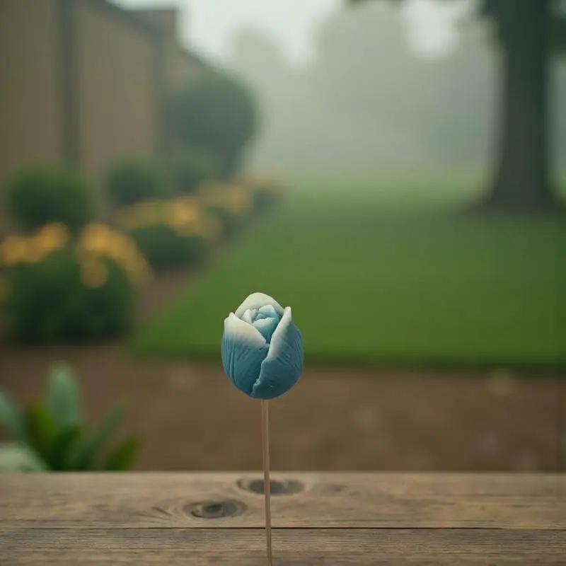 Tulipe bordée de turquoise en cire artisanale, fleur décorative naturelle sur une table de jardin – Lulu Baladine